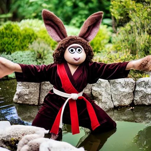 Image similar to a fluffy brown velveteen karate loving muppet with bunny ears and wearing a dark ninja robe with a red belt and practicing her karate out in nature by a koi pond, photorealistic, photography, ambient occlusion, rtx, national geographic, sesame street