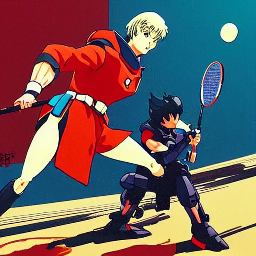 Image similar to illustration of gundam action figures playing badminton by ilya kuvshinov katsuhiro otomo