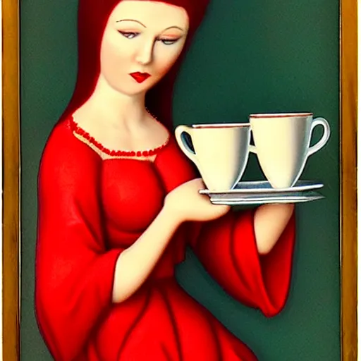 Prompt: scarlet woman holding cup full of saint boold