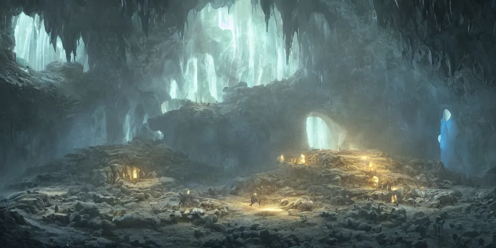 Image similar to fantasy matte painting of a cave with glowing crystals on the walls and piles of bones on the floor, fantasy, sharp focus, artstation