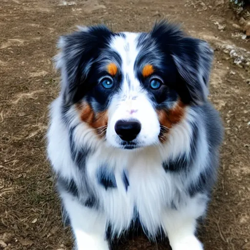 Prompt: blue Merle Australian shepard on top of a mountain