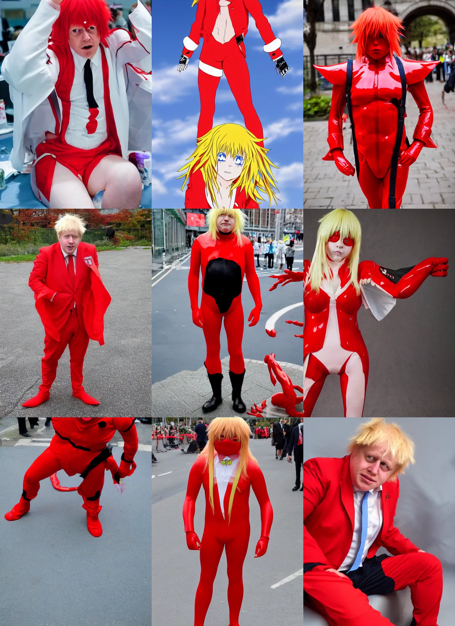 Prompt: boris johnson cosplaying as asuka langley, anime convention, red body suit, high quality, detailed, sigma 8 5 mm