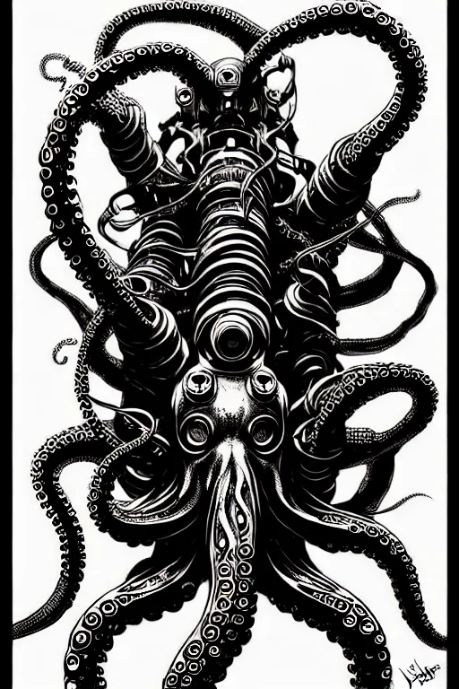 Image similar to cyberpunk octopus sitting on pile of skulls, high details, bold line art, by vincent di fate and joe fenton, inking, etching, screen print, masterpiece, trending on artstation, sharp, high contrast, hyper - detailed, hd, 4 k, 8 k