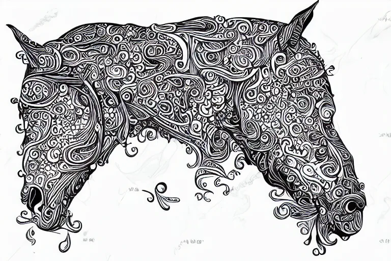 Image similar to beautiful horse, ornamental, fractal, ink draw, line art, vector, outline