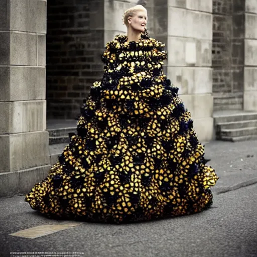 Image similar to stunning gown made of 🐝 !! street style, backlit, Alexander mcqueen, Vivienne Westwood, Oscar De la Renta, Dior, high fashion photo shoot, photograph by annie leibovitz, fantasy lut,