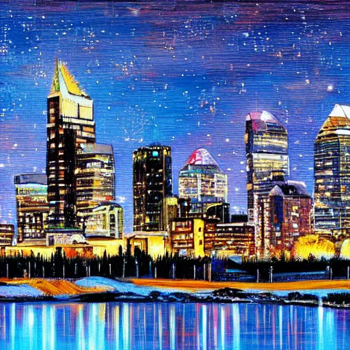 Image similar to calgary cityscape skyline in the style of starry nights