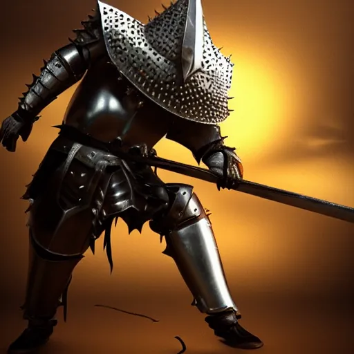 Image similar to knight with spiky armour and a medieval flail highly detailed, dramatic lighting, cinematic, 4k