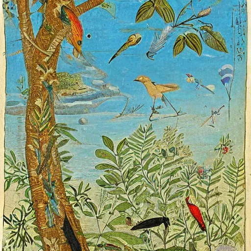 Image similar to A beautiful digital art of a bird in its natural habitat. The bird is shown in great detail, with its colorful plumage and intricate patterns. The background is a simple but detailed landscape, with trees, bushes, and a river. in Indonesia, voynich manuscript by William Henry Hunt turbulent, ornate