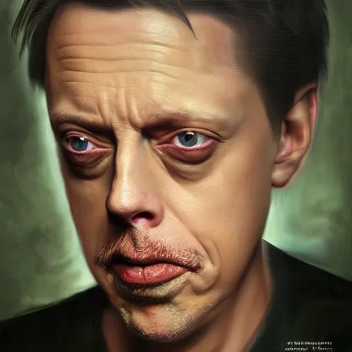 Image similar to hyperrealistic mixed media high resolution painting of a Steve Buscemi, stunning 3d render inspired art by István Sándorfi and Greg Rutkowski, perfect symmetry, dim volumetric lighting, 8k octane beautifully detailed render, post-processing, extremely hyper-detailed, intricate, epic composition, highly detailed attributes, highly detailed atmosphere, cinematic lighting, masterpiece, trending on artstation, very very detailed, masterpiece, stunning, flawless structure, lifelike texture, perfection,