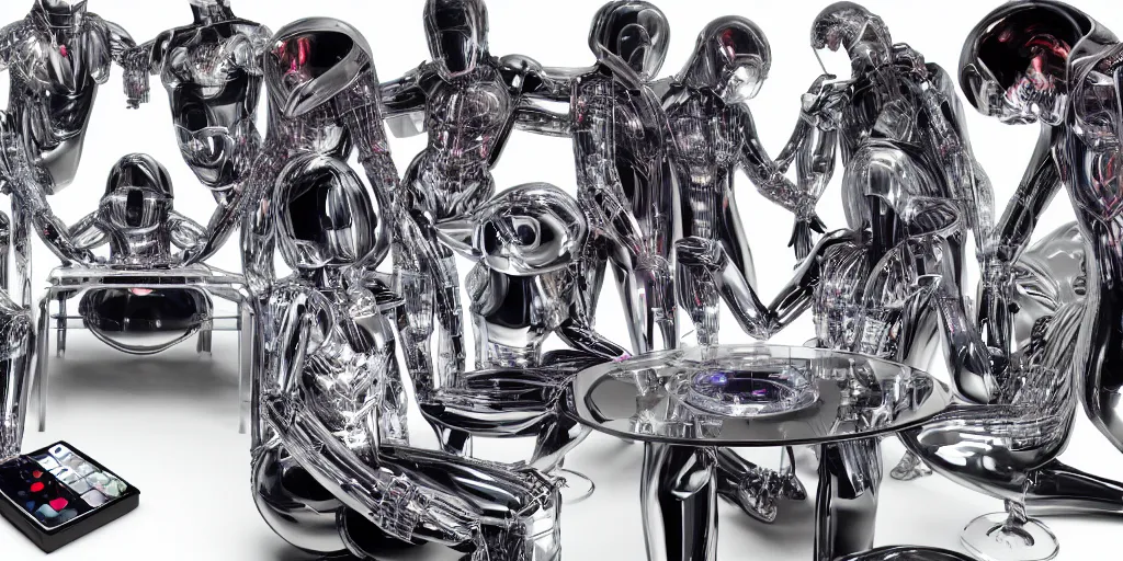 Image similar to !13 diverse cybersuits on !one_side of a reflective !metal table, !!posing_as_last_supper cinematic lighting, intricate cables, detailed glowing implants, satin, crystal, liquid, floating, !!highly detailed