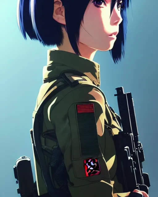 Image similar to girl wearing tactical gear, very anime, fine - face, audrey plaza, realistic shaded perfect face, fine details. anime. realistic shaded lighting poster by ilya kuvshinov katsuhiro otomo ghost - in - the - shell, magali villeneuve, artgerm, jeremy lipkin and michael garmash and rob rey