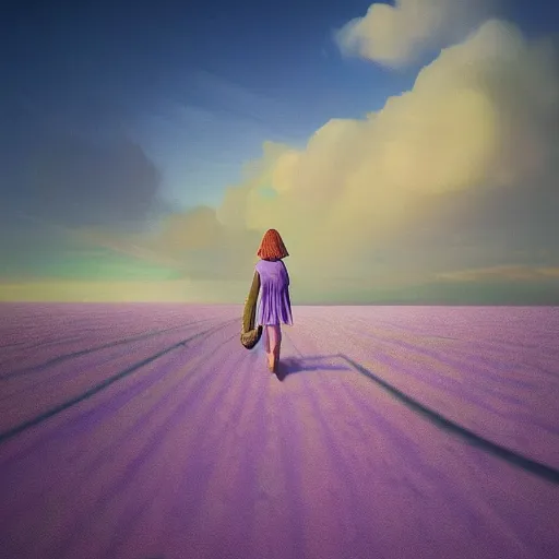 Image similar to portrait, giant purple dahlia flower head, girl walking between dunes, surreal photography, sunrise, blue sky, dramatic light, impressionist painting, digital painting, artstation, simon stalenhag