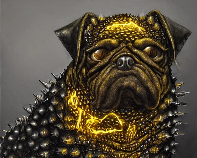 Image similar to Haunting horrifying hyperrealistic detailed painting of a fat dog canine creature made of spikes, heavy metal, disgusting, creepy, unsettling, and glowing golden yellow eyes, hyper detailed, trending on Artstation