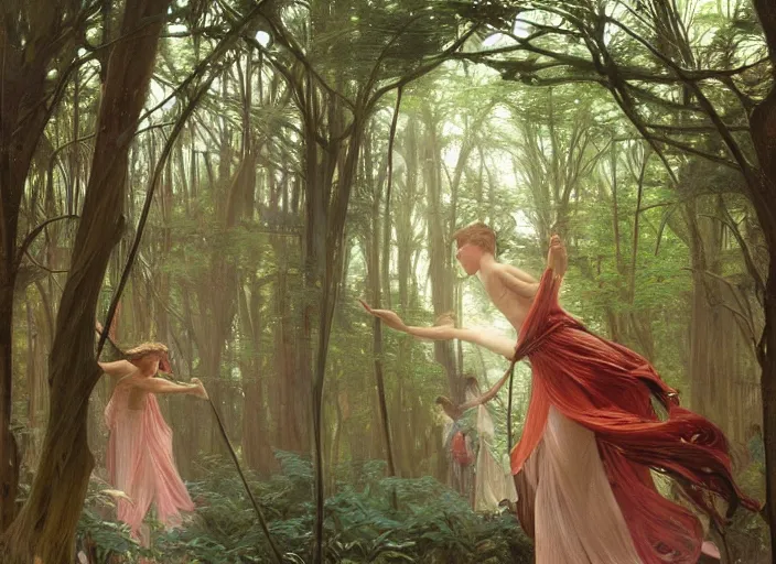 Image similar to will - o'- wisp forest, lush trees, a group of fairies dancing around a maypole, magical, vivid colors, rule of thirds, a fantasy digital painting by alphonse mucha, by greg rutkowski, by john william waterhouse, by james gurney, trending on artstation, highly detailed, sharp lines