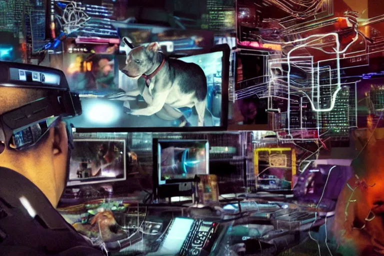 Image similar to cyborg - pitbull, surrounded by screens, in the future, y 2 k cybercore, industrial low - light photography, still from a ridley scott movie