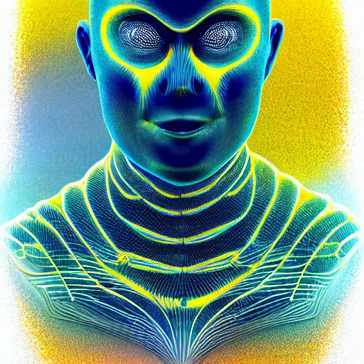 Image similar to human man that resembles a wasp morh in surreal sketch style, blue and yellow gradient, noise, ultrafine detail, hd 8k, logo illustration