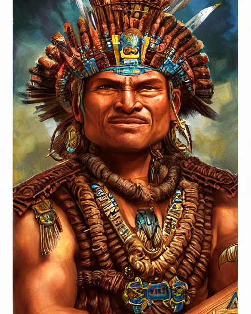 Image similar to digital painting of a mayan warrior by filipe pagliuso and justin gerard, symmetric, fantasy, detailed, intricate, portrait, sharp focus, tarot card