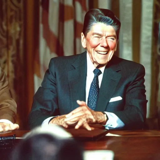 Image similar to [ ronald reagan sitting in chair next to tiger ]