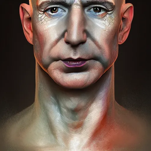 Image similar to portrait of jeff bezos as voldemort, au naturel, hyper detailed, digital art, trending in artstation, cinematic lighting, studio quality, smooth render, unreal engine 5 rendered, octane rendered, art style by klimt and nixeu and ian sprigger and wlop and krenz cushart.