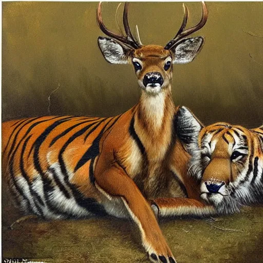 Image similar to a painting of deer in tiger skin and tiger in deer skin facing each other, their heads bowed towards ground by esao andrews