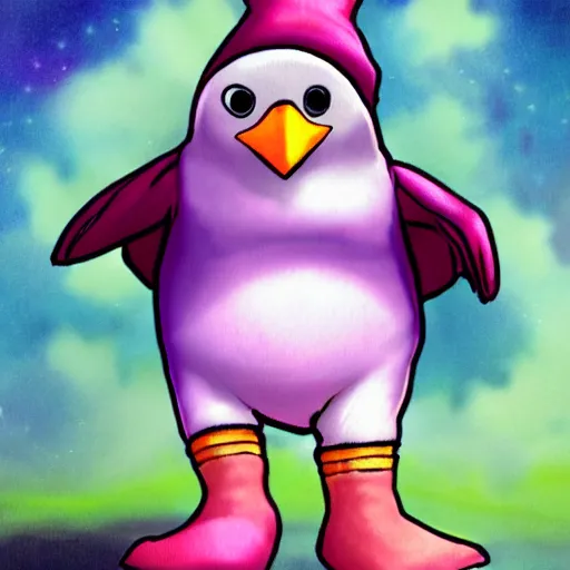 Prompt: a yugioh card of fat penguin wearing a pink long socks, fantasy art, 8k detailed