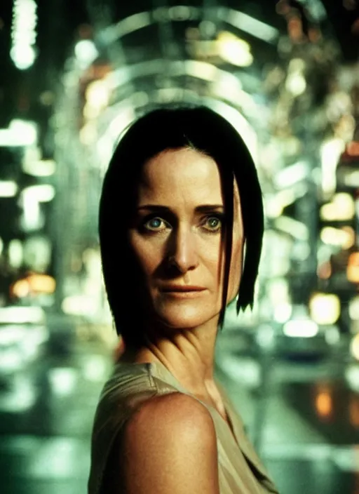 Prompt: A hyper realistic and detailed head portrait photography of Carrie-Anne Moss of The Matrix, on a futuristic street. by Annie Leibovitz. Neo noir style. Cinematic. neon lights glow in the background. Cinestill 800T film. Lens flare. Helios 44m
