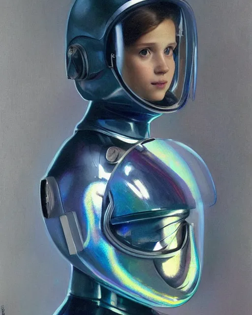 Prompt: a portrait painting of a shy, blushing 1 6 - year old alicia vikander or millie bobby brown, backlit, wearing a futuristic translucent iridescent plastic space suit with a space helmet, elegant, highly detailed, artstation, concept art, by krenz cushart and donato giancola and william adolph bouguereau and alphonse mucha