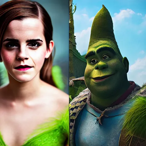 Image similar to Emma Watson in Shrek cosplay, (Sony a7R IV, symmetric balance, polarizing filter, Photolab, Lightroom, 4K, Dolby Vision, Photography Award)