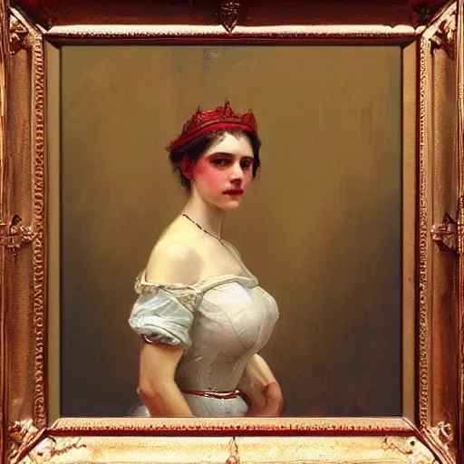 Image similar to solomon Joseph Solomon and Richard Schmid and Jeremy Lipking victorian genre painting portrait painting of a young beautiful woman queen of the sky in fantasy costume, red background