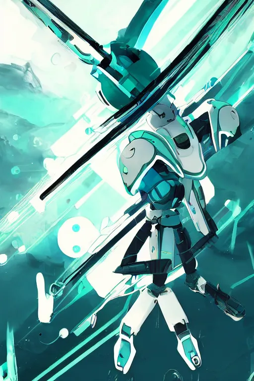 Prompt: teal and white colors. Sci-fi kshatriya in style of cytus and deemo, mysterious vibes, set in half-life 2, beautiful with eerie vibes, very inspirational, very stylish, surrealistic, perfect digital art, mystical journey in strange world, bastion game