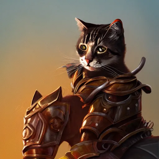 Image similar to a portrait of a cat wearing an armor, riding on a prancing horse, golden hour, illustration, digital art, trending on artstation