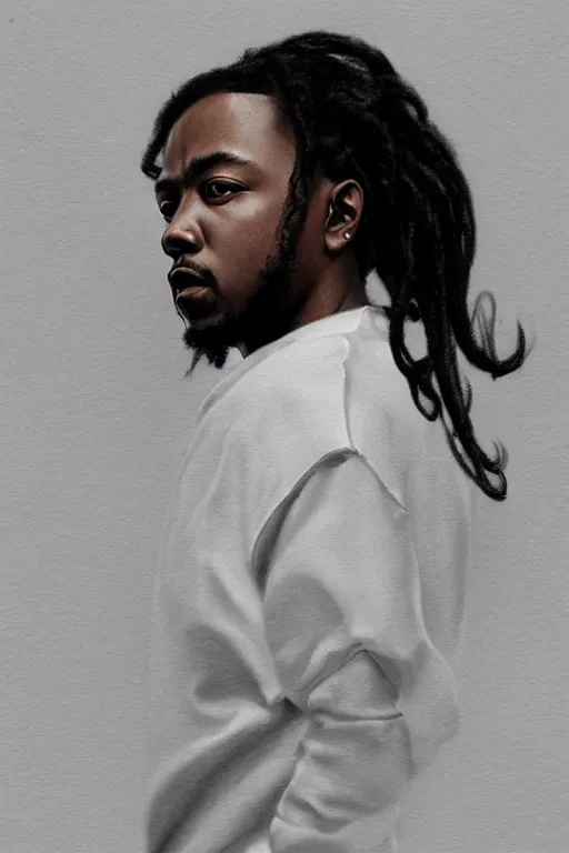 Prompt: ultra realistic kendrick lamar drawing, background is white and blank, elegant, highly detailed, digital painting, concept art, smooth, sharp focus, illustration, art by greg rutkowski and alphonse mucha