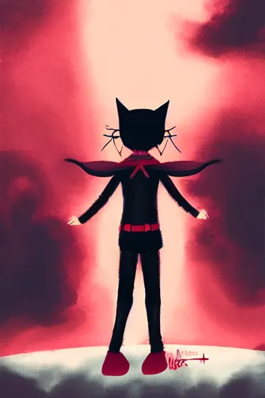 Image similar to little boy with cat ears in an black outfit with red cape. digital artwork made by lois van baarle and kentaro miura, sharpness focus, inspired by hirohiko araki and noir film, anatomically correct, heroic composition, hero pose, smooth