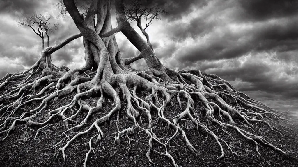 Image similar to tree roots reaching up into the clouds, surrealism photography by Sarolta Bán