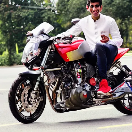 Image similar to photo of rishi sunak on a motorcycle smiling but angry
