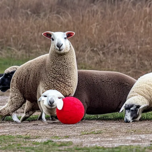 Image similar to sheep and seal playing together with a red ball