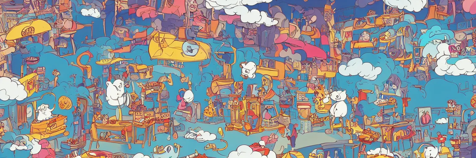 Prompt: a fantastical cartoon world in the clouds, barber shop, street market, nimbus clouds, cartoon characters with big teeth, small chinese style dogs, extremely wide shot, strong composition, fun and playful colors, thick ink lines, in the style of billy wu, trending on behance.