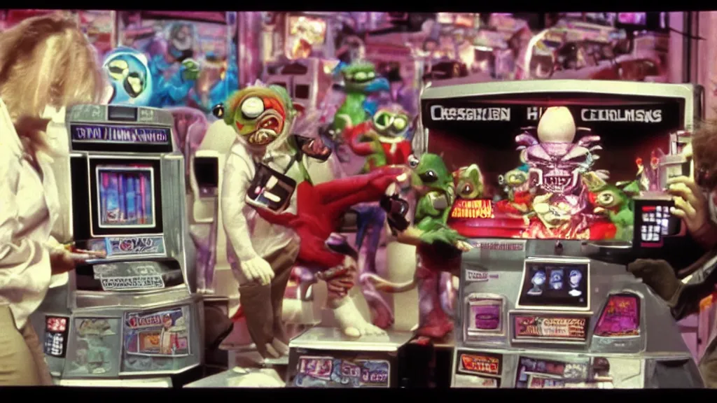 Image similar to Hyperreal Gremlins disguised as casino arcade machines dispense experimental ice cream vaccine derived from predator, xenomorph and furby goosebumps goo in downtown silicon valley, film still from banned media Gremlins 3 New World Order, directed by REDACTED circa 1992 | text reads \'Gremlins 3 New World Order\' | Gremlins