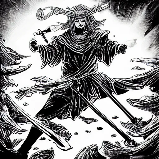 Image similar to black and white pen and ink!!!! rugged royal! nordic goetic Raiden x Frank Zappa golden!!!! Vagabond!!!! floating magic swordsman!!!! glides through a beautiful!!!!!!! black hole battlefield dramatic esoteric!!!!!! pen and ink!!!!! illustrated in high detail!!!!!!!! by Junji Ito and Hiroya Oku!!!!!!!!! graphic novel published on 2049 award winning!!!! full body portrait!!!!! action exposition manga panel black and white Shonen Jump issue by David Lynch eraserhead and Frank Miller beautiful line art Hirohiko Araki