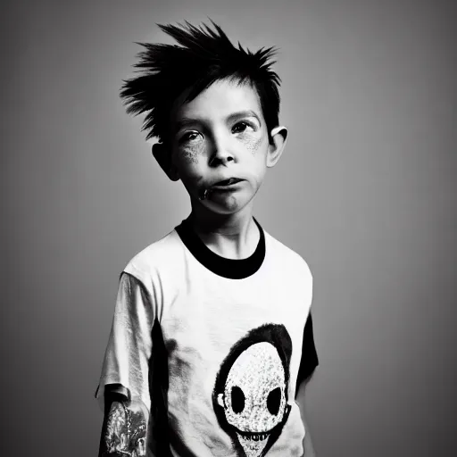 Prompt: the face of punk rock alien boy at 5 years old wearing balenciaga clothing, black and white portrait by julia cameron, chiaroscuro lighting, shallow depth of field, 8 0 mm, f 1. 8