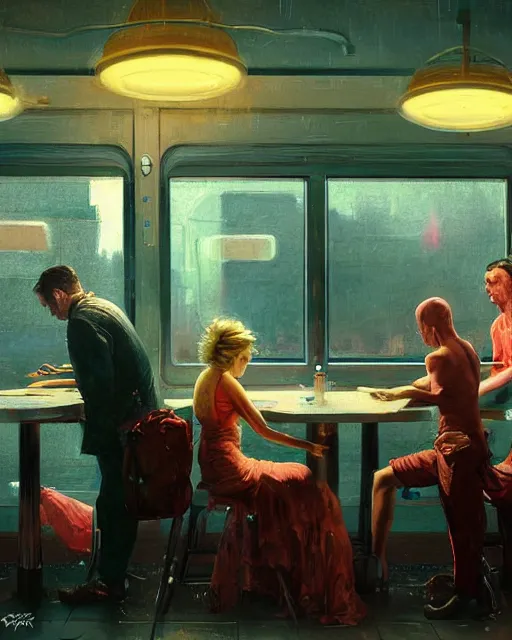 Prompt: a highly detailed epic cinematic concept art CG render digital painting artwork: American diner, night. By Greg Rutkowski, in the style of Francis Bacon and Syd Mead and Norman Rockwell and Beksinski, open ceiling, highly detailed, painted by Francis Bacon and Edward Hopper, painted by James Gilleard, surrealism, airbrush, Ilya Kuvshinov, WLOP, Stanley Artgerm, very coherent, triadic color scheme, art by Takato Yamamoto and James Jean