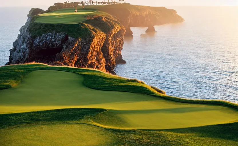 Image similar to a great photograph of the most amazing golf hole in the world, incredible light, cliffs by the sea, perfect green fairway, human perspective, ambient light, 5 0 mm, golf digest, top 1 0 0, fog