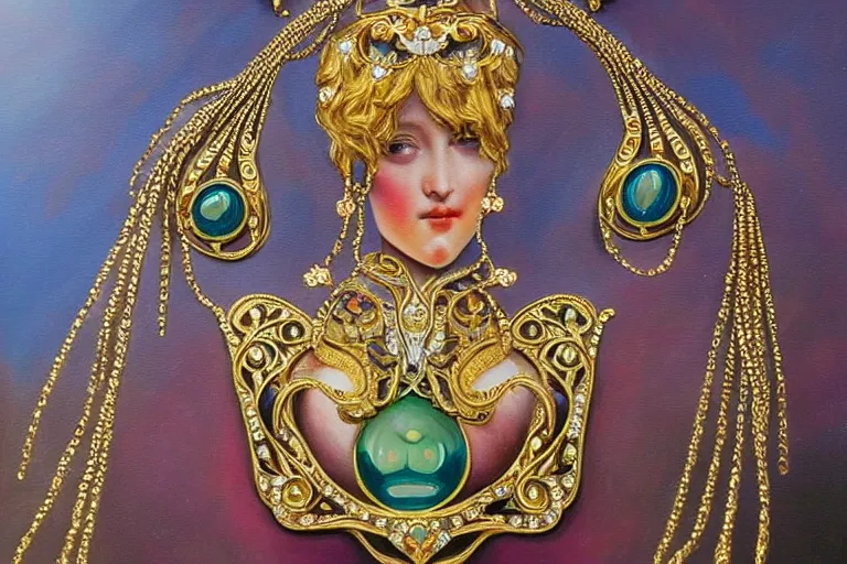 Image similar to highly detailed oil painting, front view, very realistic gemstones, art nouveau, ornate, delicate, brilliant precious gemstones necklace, necklace on display, dramatic light,