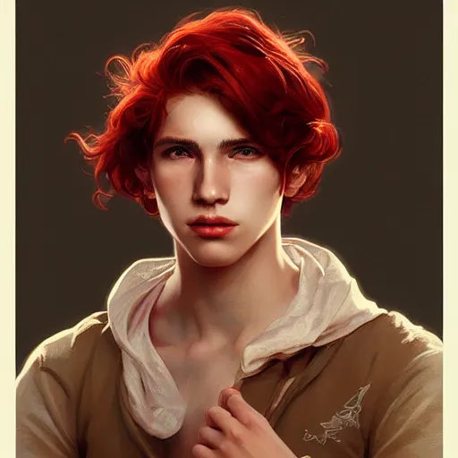 Image similar to teen boy, red hair, intricate, elegant, portrait, highly detailed, digital painting, artstation, concept art, smooth, sharp focus, illustration, art by artgerm and greg rutkowski and alphonse mucha