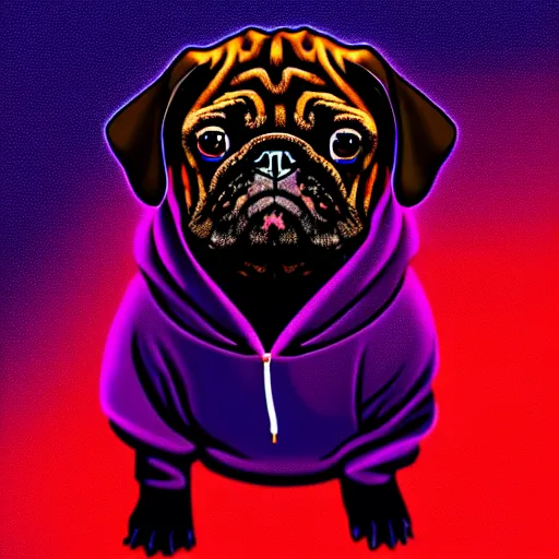 Image similar to a sad pug wearing a hoodie, the word ( sad ) is written on the hoodie in upper case letters, typography, digital art, synthwave style, trending on artstation, matte painting