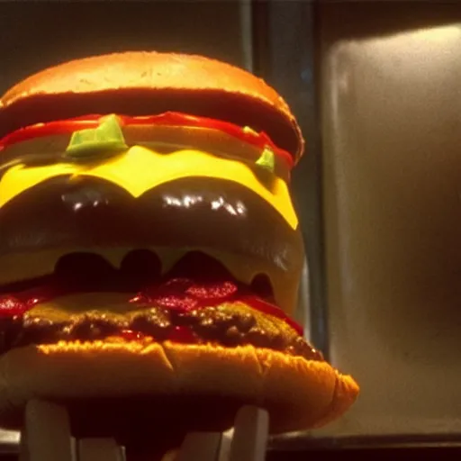 Image similar to the strange cheeseburger creature at the fast food place, film still from the movie directed by denis villeneuve and david cronenberg with art direction by salvador dali and zdzisław beksinski, wide lens