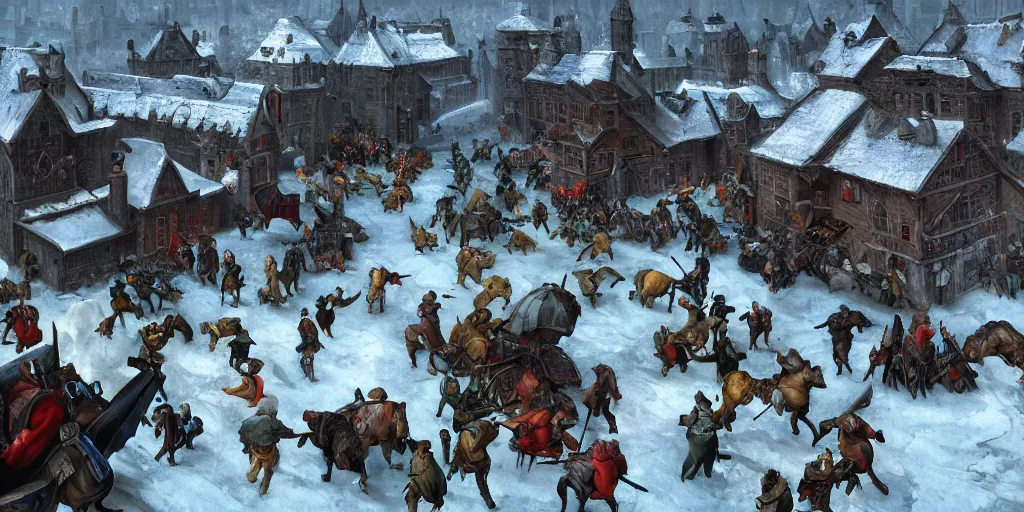 Image similar to RTS gameplay third person in style of Brueghel paintings, painting, Stronghold strategy gameplay, high detailed,dark fantasy, dark tones, medieval, snow, buildings, castle, armored units, red flags, cavalry,RPG, high detailed, contrast, octane render,mill, farm, creative