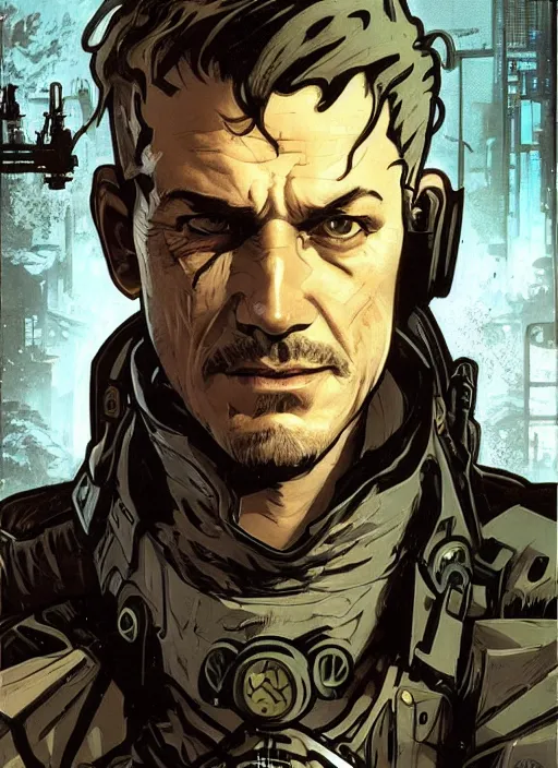 Image similar to cyberpunk blackops commander. ruggedly handsome. night vision. portrait by ashley wood and alphonse mucha and laurie greasley and josan gonzalez and james gurney. spliner cell, apex legends, rb 6 s, hl 2, d & d, cyberpunk 2 0 7 7. realistic face. dystopian setting.