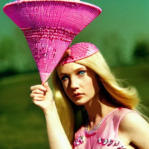 Prompt: a princess with long blonde hair and blue eyes wearing a sleeveless elaborately beaded pink dress and a cone shaped hat, high resolution film still, film by Simon Langton and David Frankel