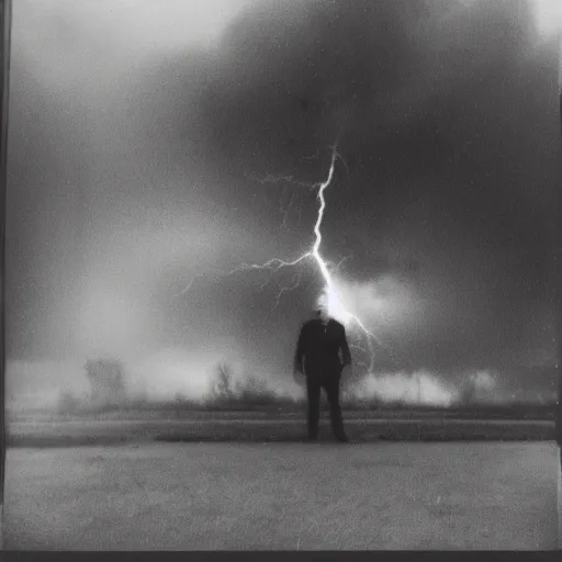 Prompt: low wide angle, old polaroid of a man being hit by a lighting strike, black and white